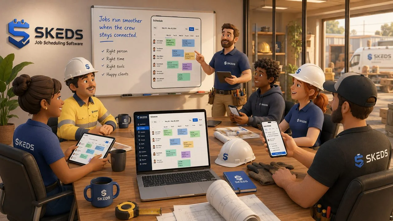 A SKEDS trade team using the job scheduling software together in the office