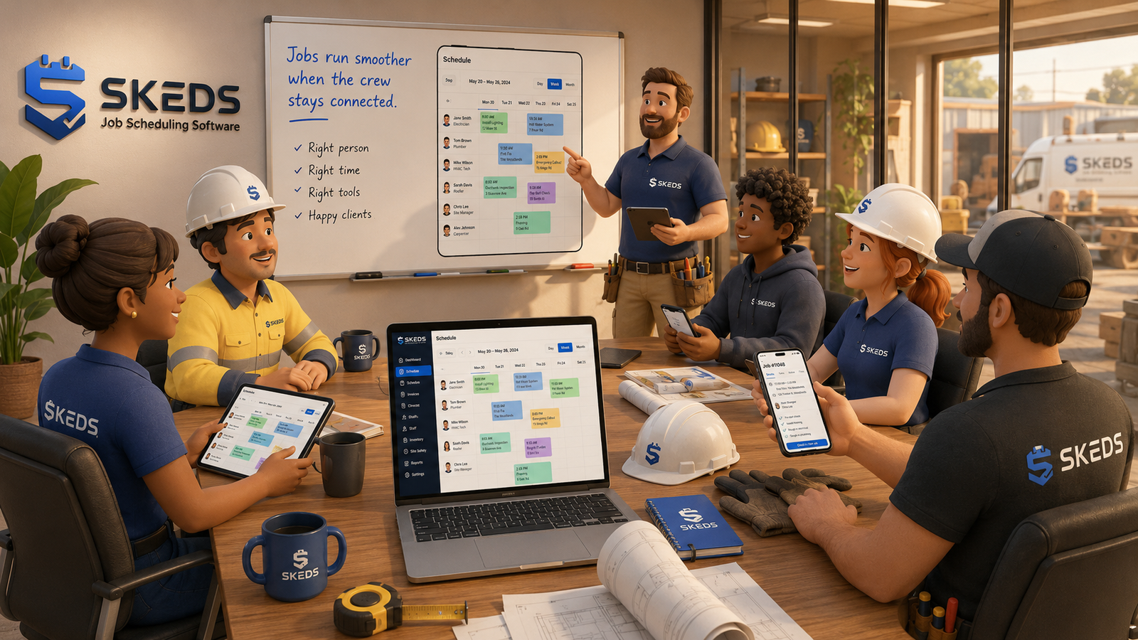 The SKEDS crew, electrician, plumber and HVAC techs, gathered around a table running jobs on laptop, tablet and phone.